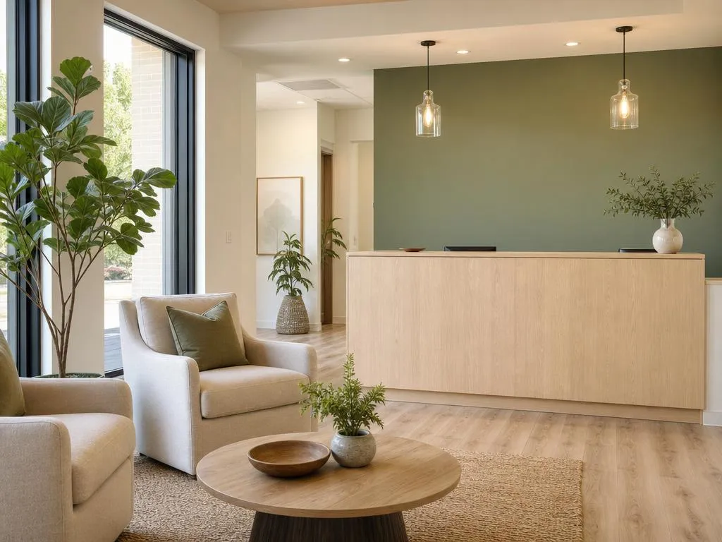 The bright reception area of a modern chiropractic clinic with oak furniture and plants