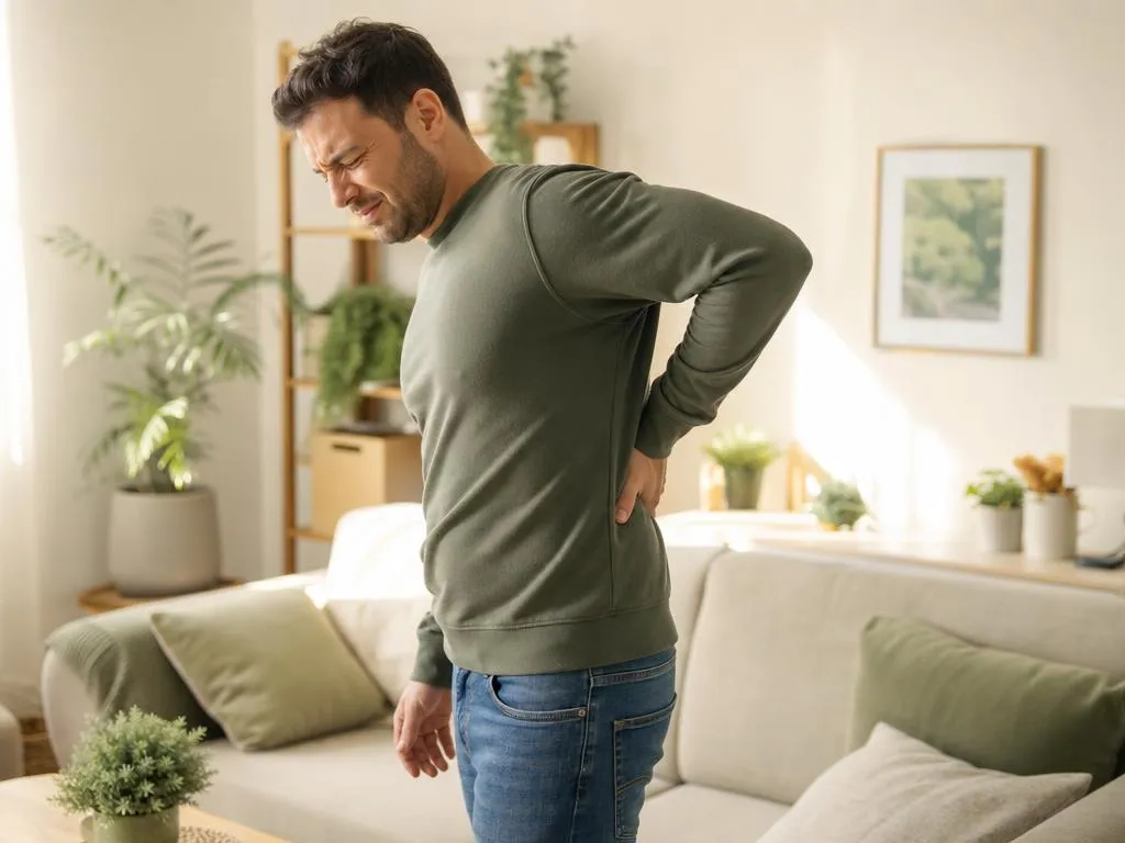 An adult standing at home with one hand pressed to their lower back