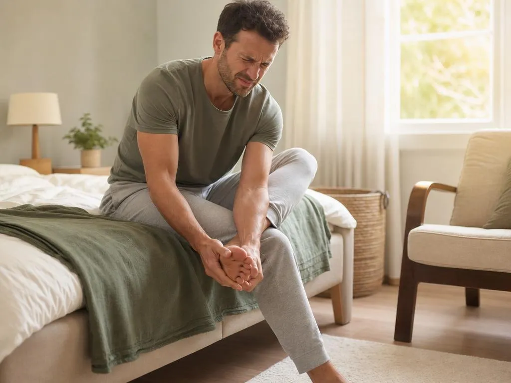 An adult sitting on the edge of a bed holding the arch of one foot
