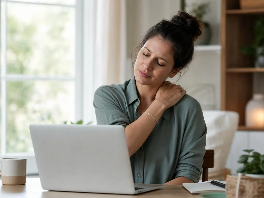 An adult at a home desk rubbing the side of their neck and shoulder