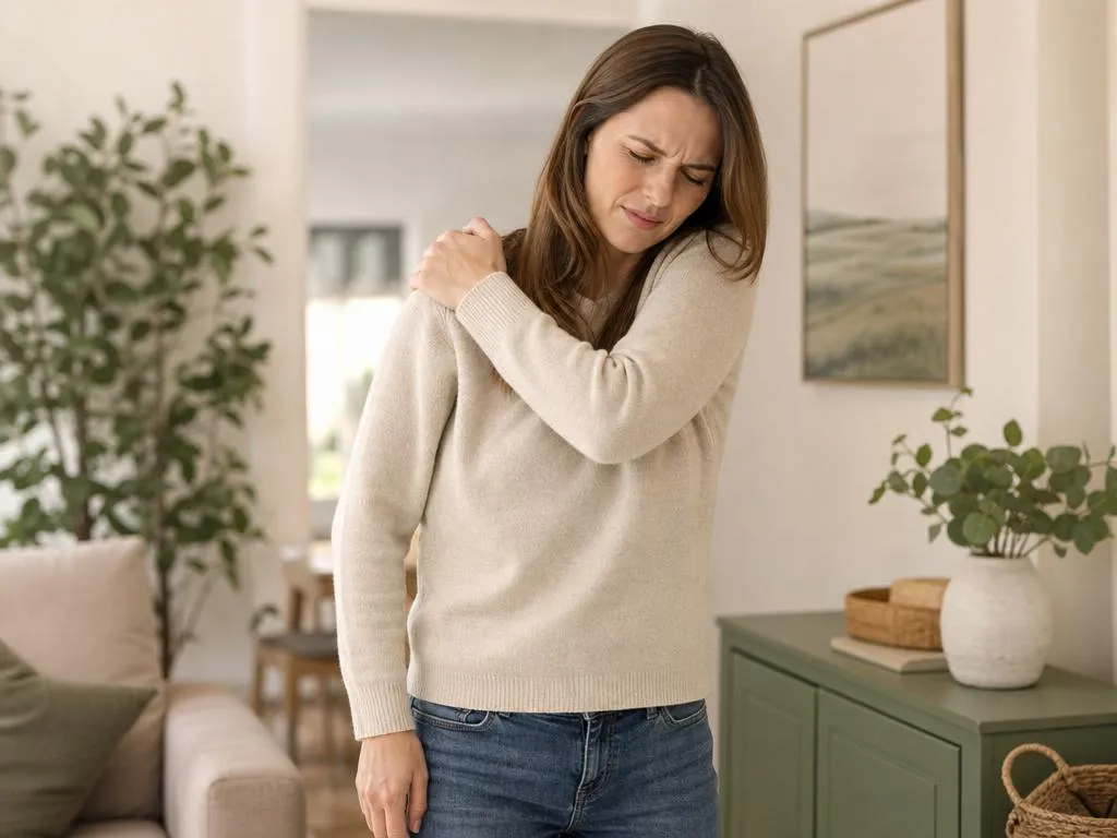 An adult rolling their shoulder with a hand on the joint