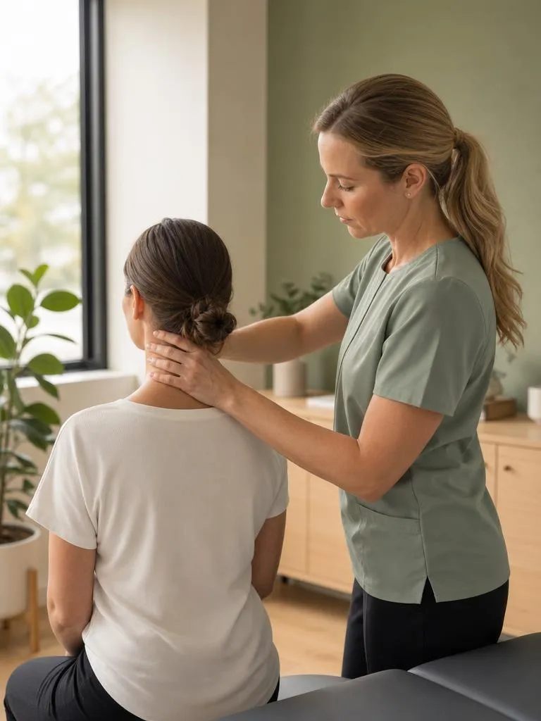A chiropractor gently assessing the neck and upper spine of a seated patient in a bright clinic room