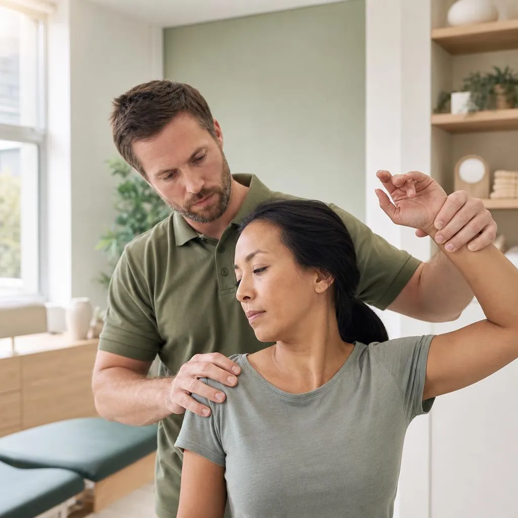 A chiropractor guiding a patient through a shoulder range-of-motion test during an examination