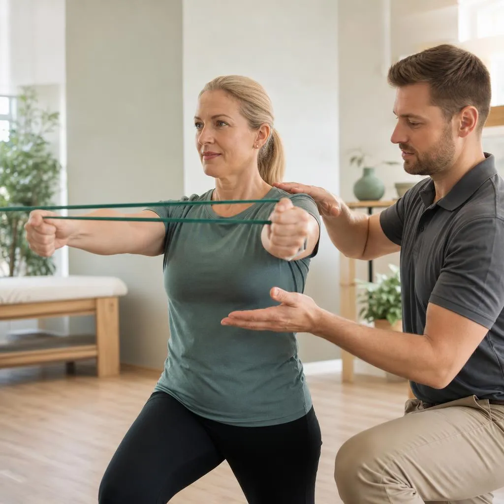 A patient performing a resistance band exercise while a chiropractor coaches their form