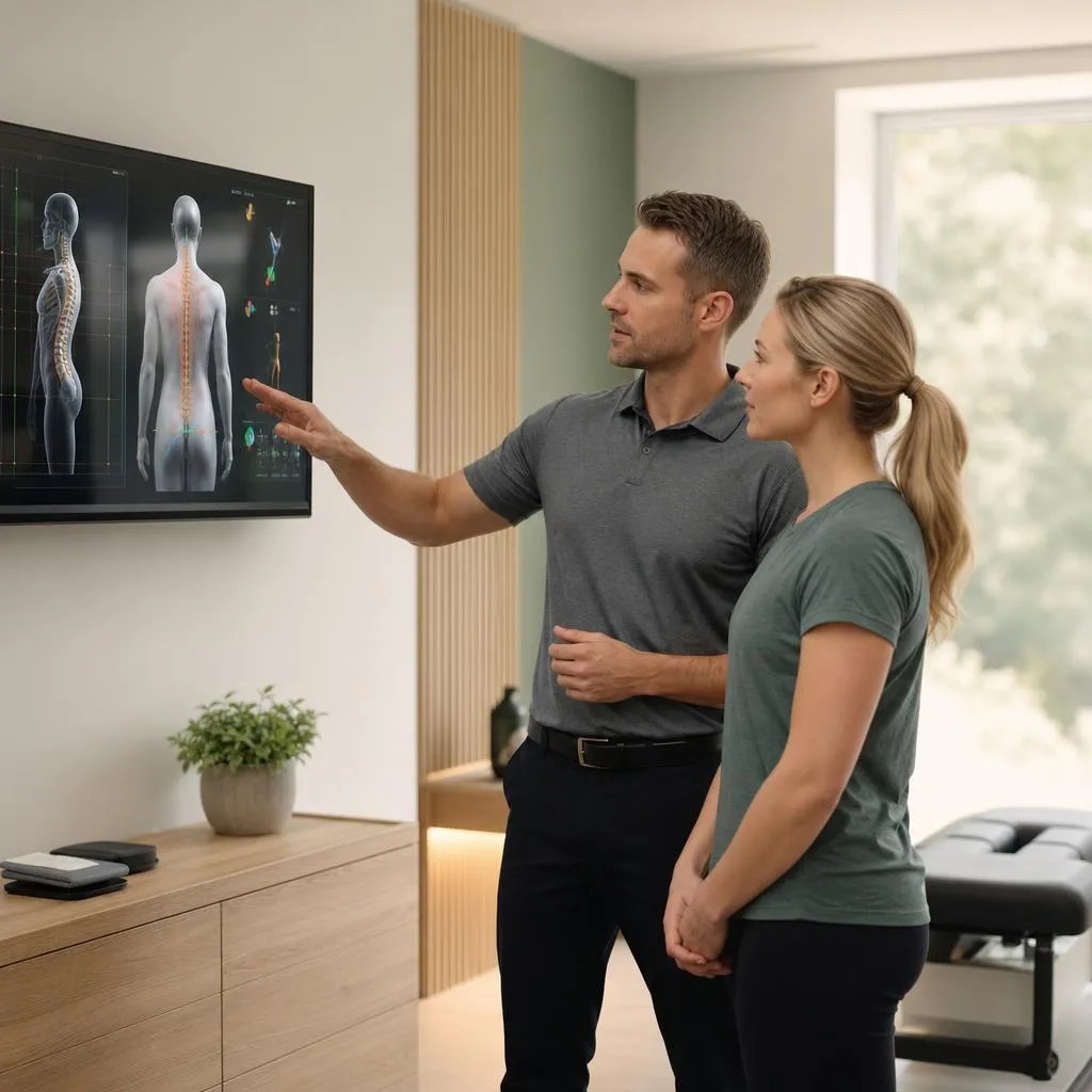 A chiropractor and patient standing together reviewing spine assessment results on a wall-mounted screen