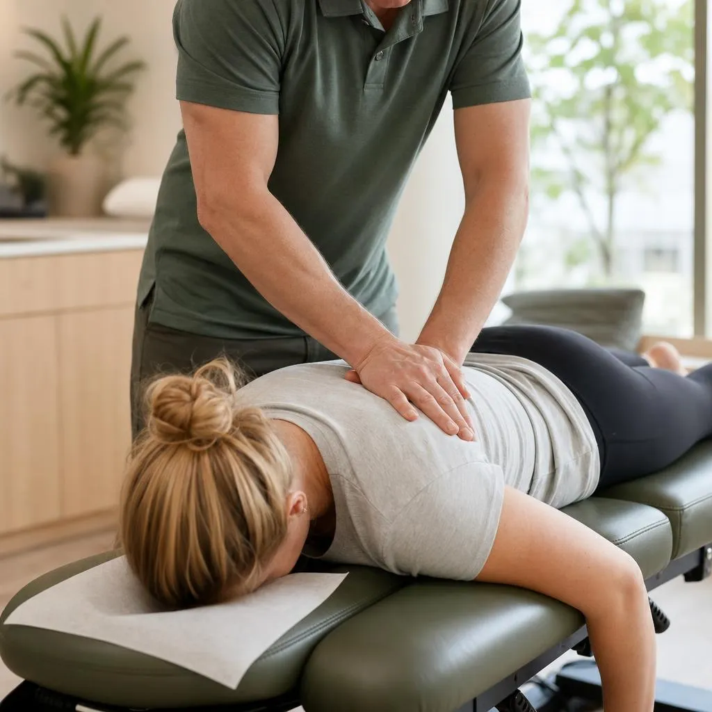A chiropractor's hands delivering a gentle adjustment to a patient lying face down on a treatment table