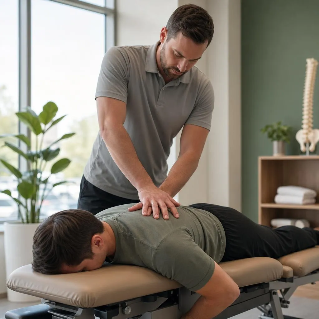 A chiropractor performing a spinal adjustment on a patient lying face down on a treatment table