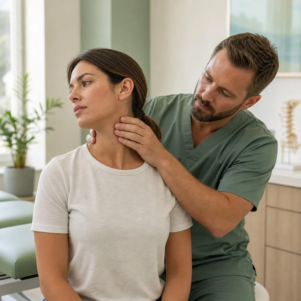 A clinician carefully measuring a seated patient’s neck rotation during a post-collision assessment