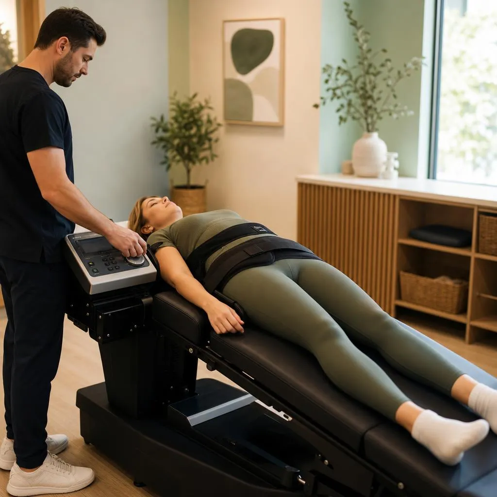 A patient lying on a motorised spinal decompression table while a clinician adjusts the settings