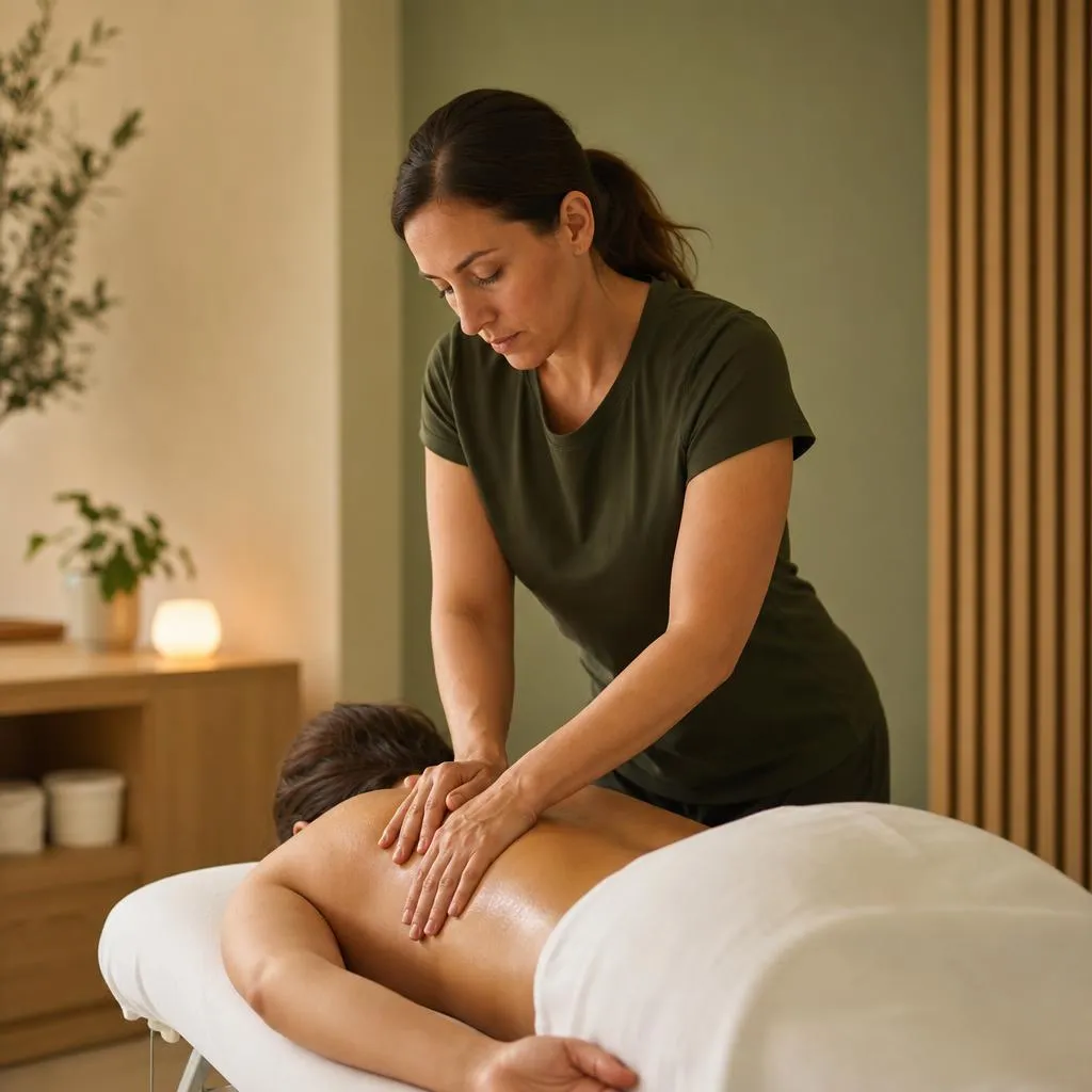 A massage therapist performing deep tissue work on a patient’s upper back and shoulders
