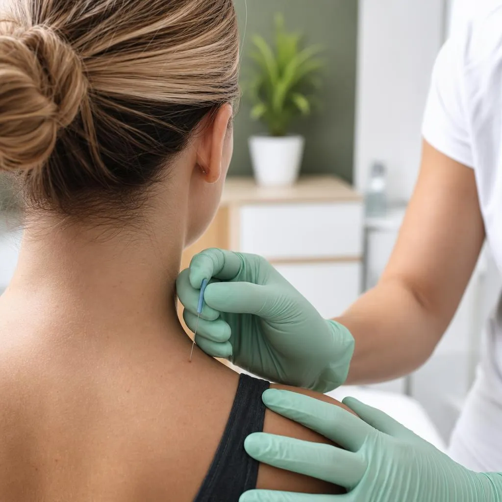 A clinician placing a fine filament needle into a patient’s upper trapezius during dry needling