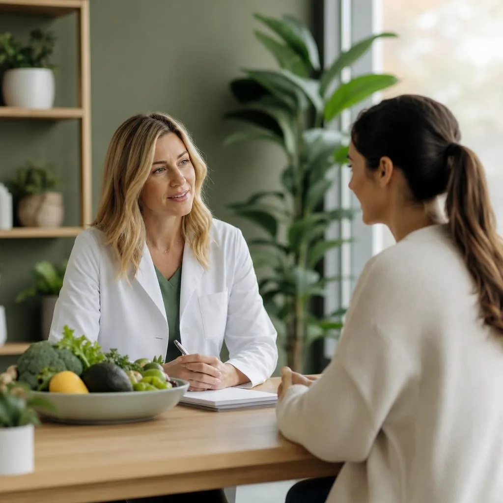 A clinician and patient discussing nutrition across a light oak table with fresh whole foods