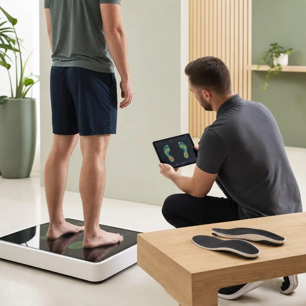 A patient standing on a digital foot pressure scanning plate while a clinician reviews the gait analysis
