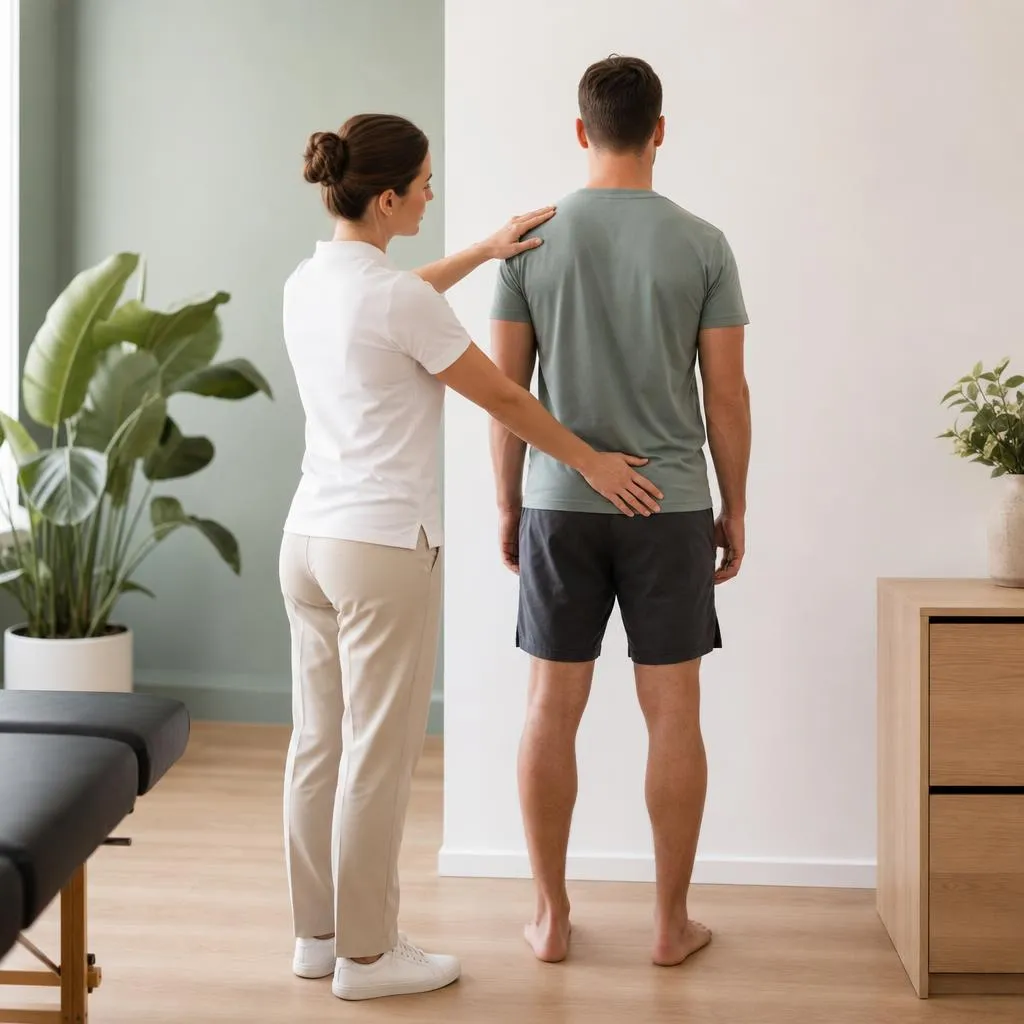 A chiropractor assessing a standing patient’s shoulder and pelvis level against a plain wall
