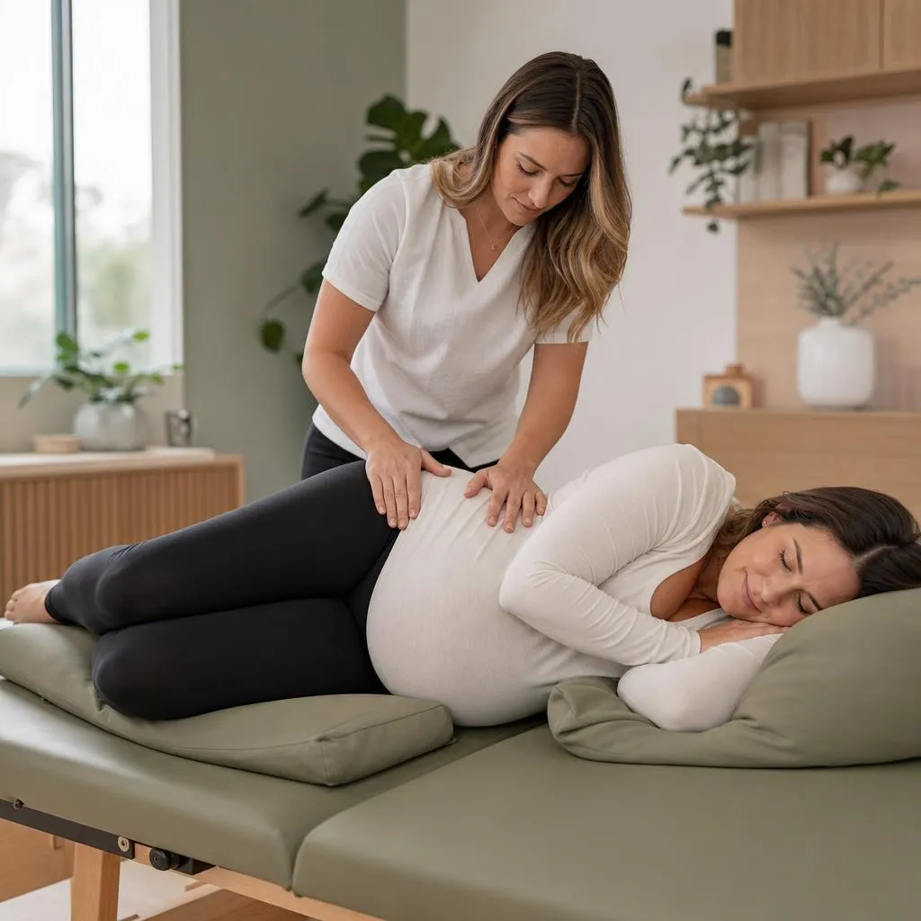 A pregnant patient lying on her side supported by cushions while receiving gentle chiropractic care
