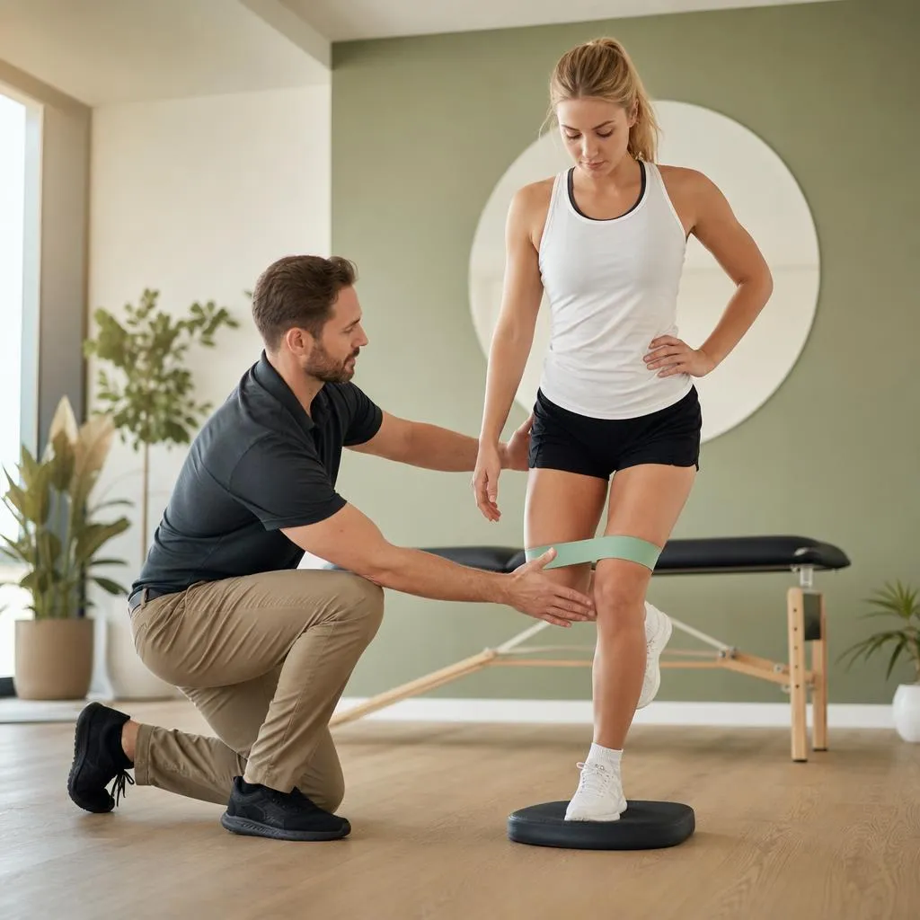 A chiropractor coaching a young athlete through a single-leg balance and hip stability drill