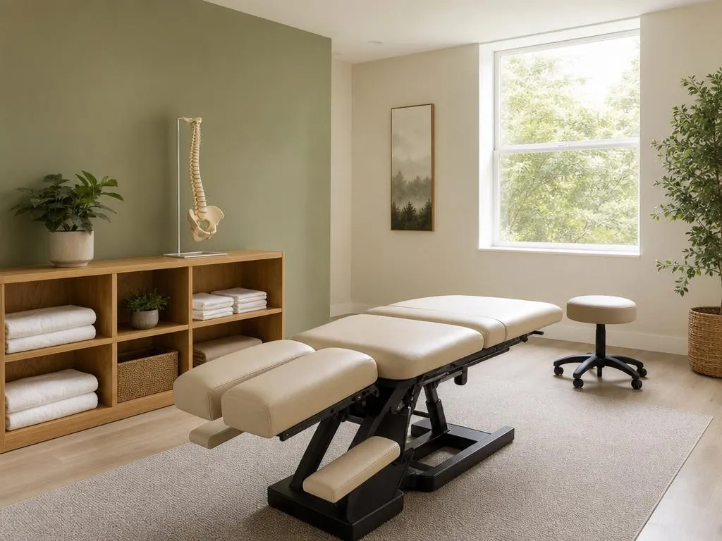 An empty chiropractic treatment room with a cream adjustment table, oak shelving and a large window